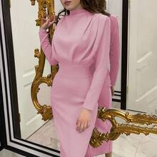 Vestido de manga larga de color sólido, elegante y a la moda, con cintura ajustada, para fiestas, eventos nocturnos y uso en casa, otoño 2026. - Negro - Ver 7
