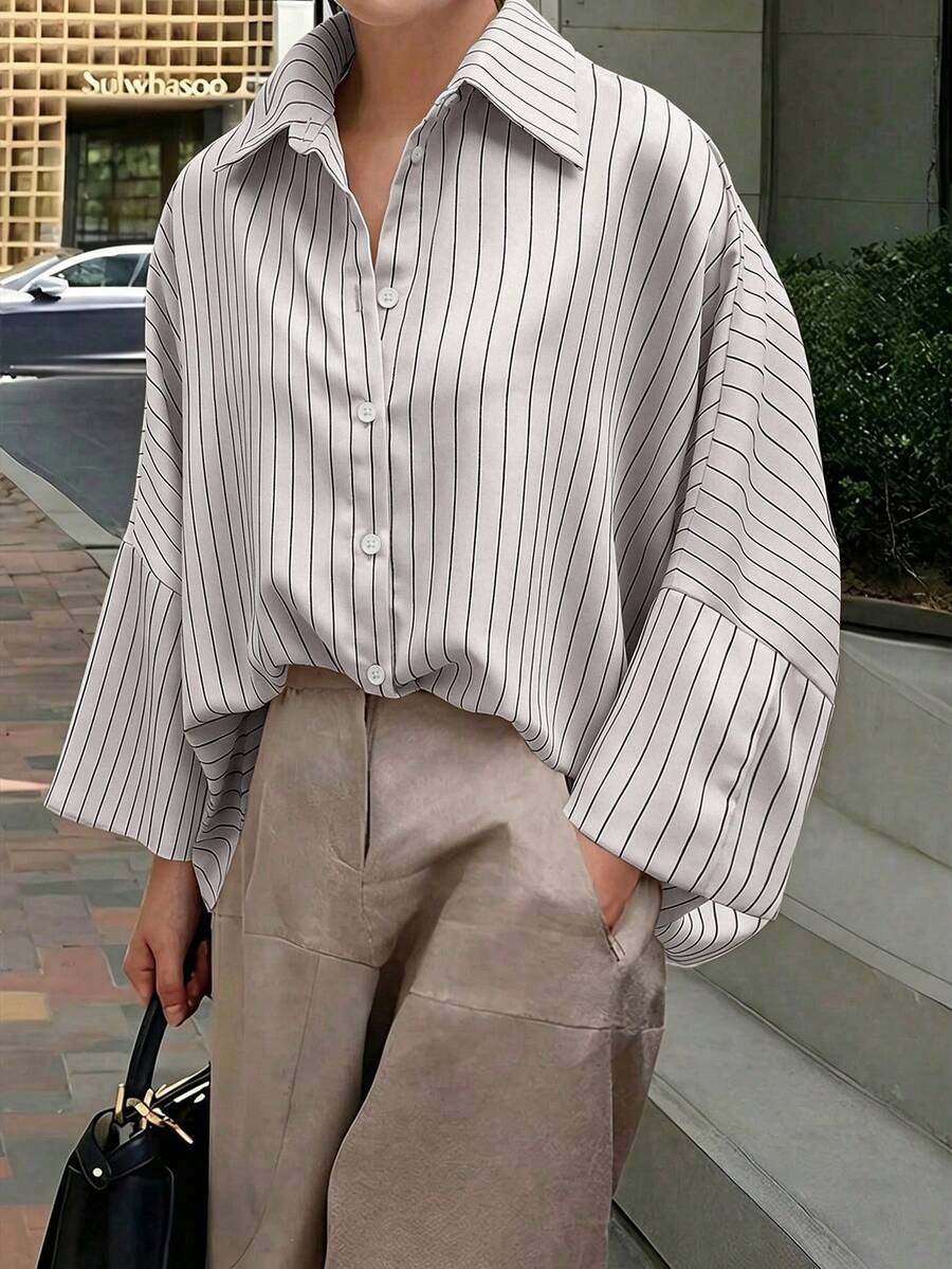 春秋款寬鬆條紋蝙蝠袖休閒優雅女式襯衫，適合日常、外出、度假穿著