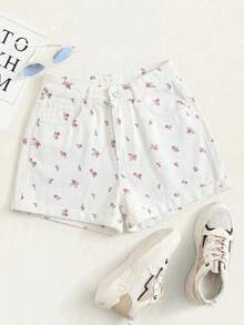 Summer Rolled-Up High-Waisted Denim Shorts - Camel - View 1