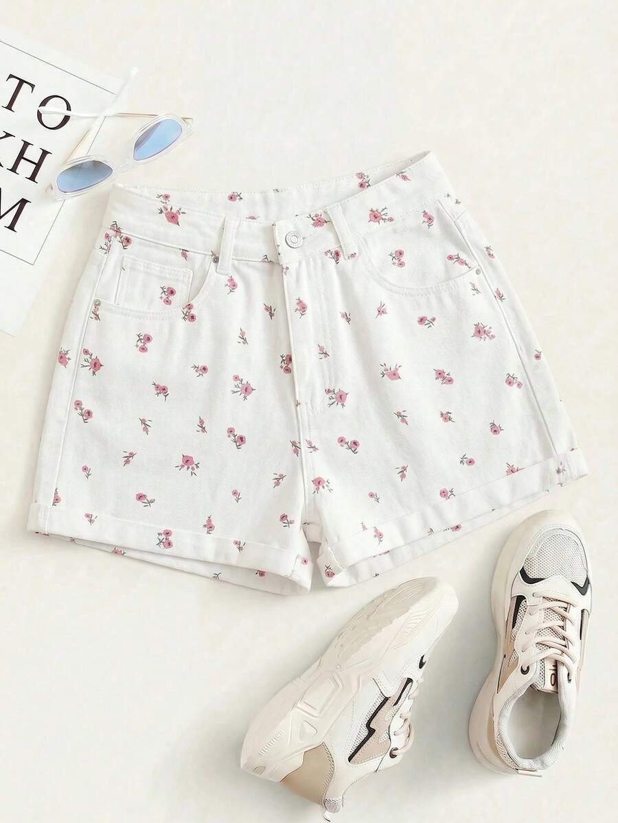 Summer Rolled-Up High-Waisted Denim Shorts - Camel - View 1