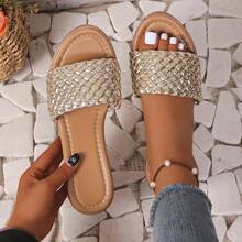 Sandal Wanita Musim Panas Warna Emas dengan Anyaman dan Sol Tebal, Cocok untuk Kencan, Liburan, Belanja, Perjalanan, dan Pantai (Ukuran Lebih Besar) - Emas - View 5