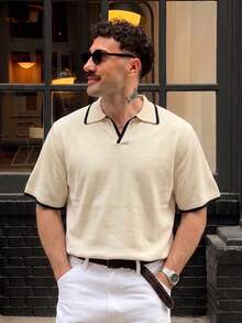 Men's Knitted Polo Shirt, Turn-Down Collar, Short Sleeve, Loose Fit, Vintage Casual, Color Block Black Trim, Lightweight Summer Knit Top - Apricot - View 1