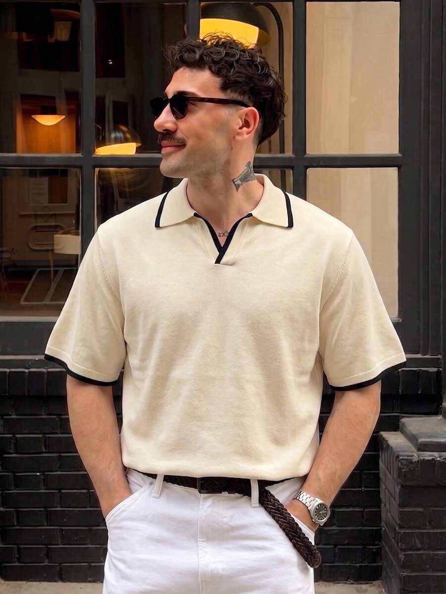 Men's Knitted Polo Shirt, Turn-Down Collar, Short Sleeve, Loose Fit, Vintage Casual, Color Block Black Trim, Lightweight Summer Knit Top - Apricot - View 1