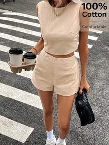Set de 2 piezas de top corto sin espalda anudado y shorts de unicolor de verano para mujer - Verde - Ver 4
