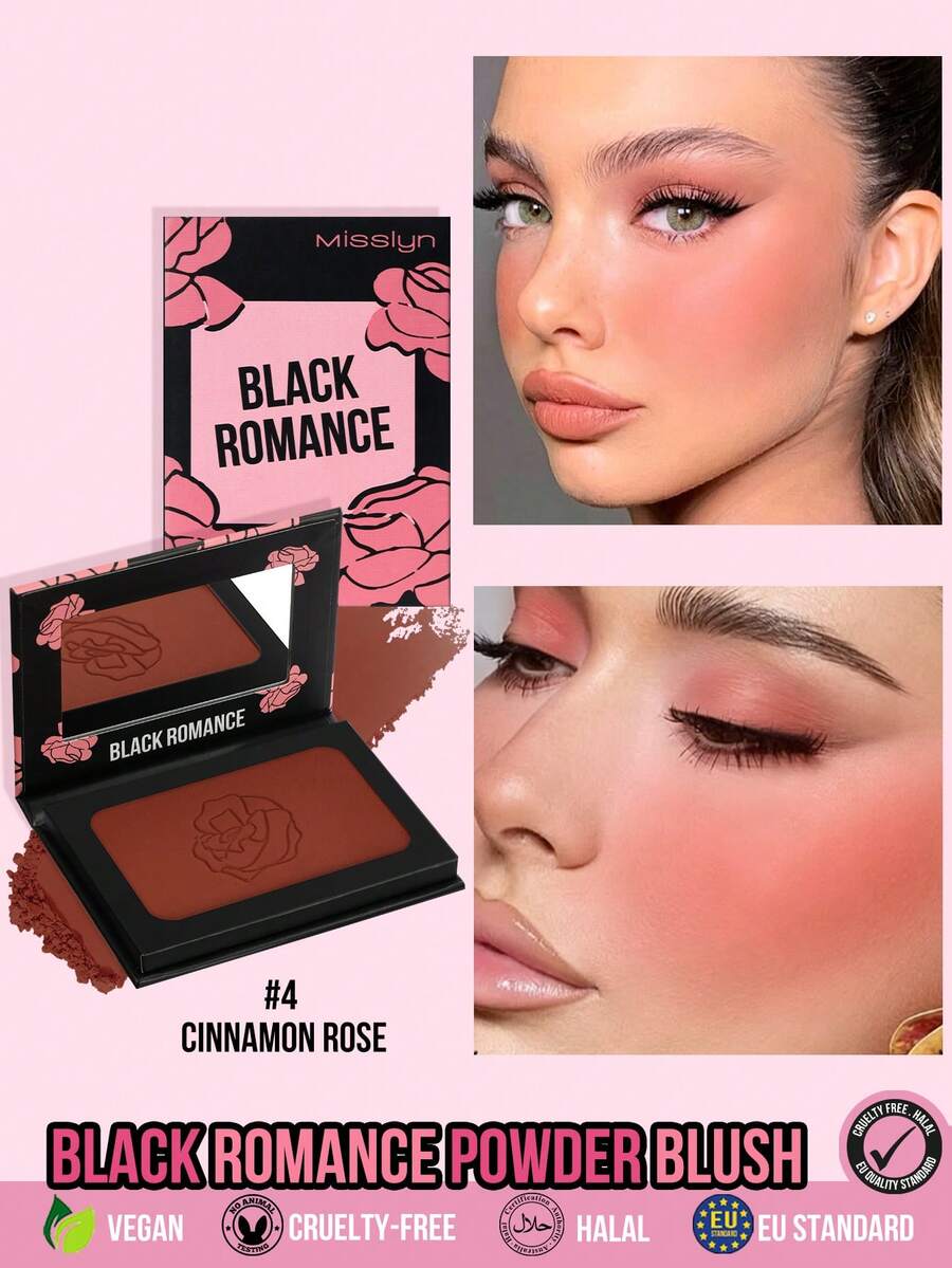 MISSLYN 1pc Black Romantic Blush Powder, Shiny Matte Finish, High Pigment Silky Texture, Lightweight Easy To Blend Natural Glow, Face Makeup Daily/Party/Summer, Y2K/Graduation/Soft Makeup, Blush Powder