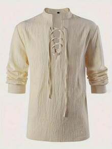 Camisa de pirata medieval para hombre - Disfraz de festival del Renacimiento, juego de roles del oeste, adecuado para eventos históricos, cosplay, fiestas temáticas - Lavable a máquina, diseño de cuello con volantes, puños de manga únicos - Caqui - Ver 1