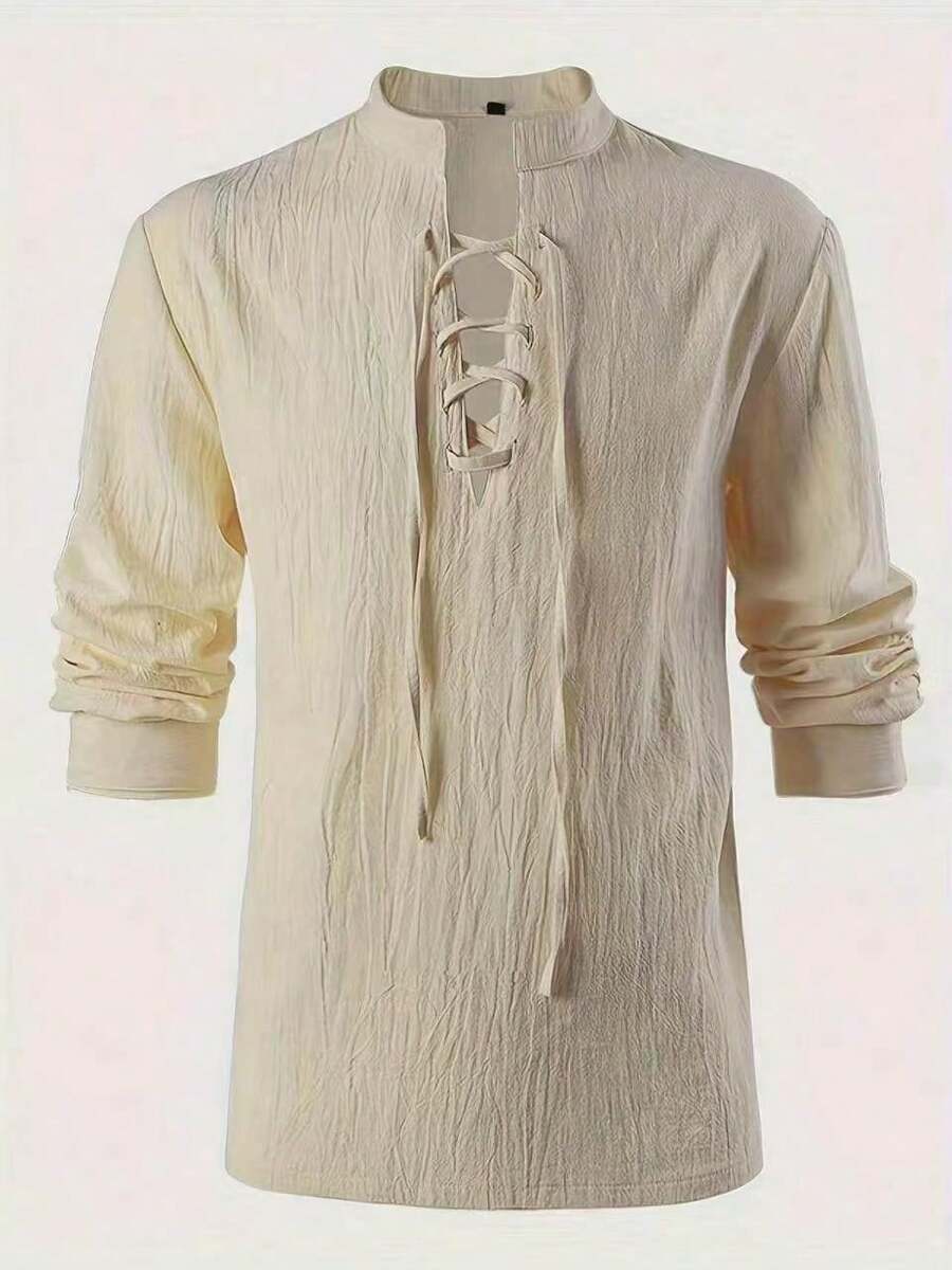 Camisa de pirata medieval para hombre - Disfraz de festival del Renacimiento, juego de roles del oeste, adecuado para eventos históricos, cosplay, fiestas temáticas - Lavable a máquina, diseño de cuello con volantes, puños de manga únicos - Caqui - Ver 1