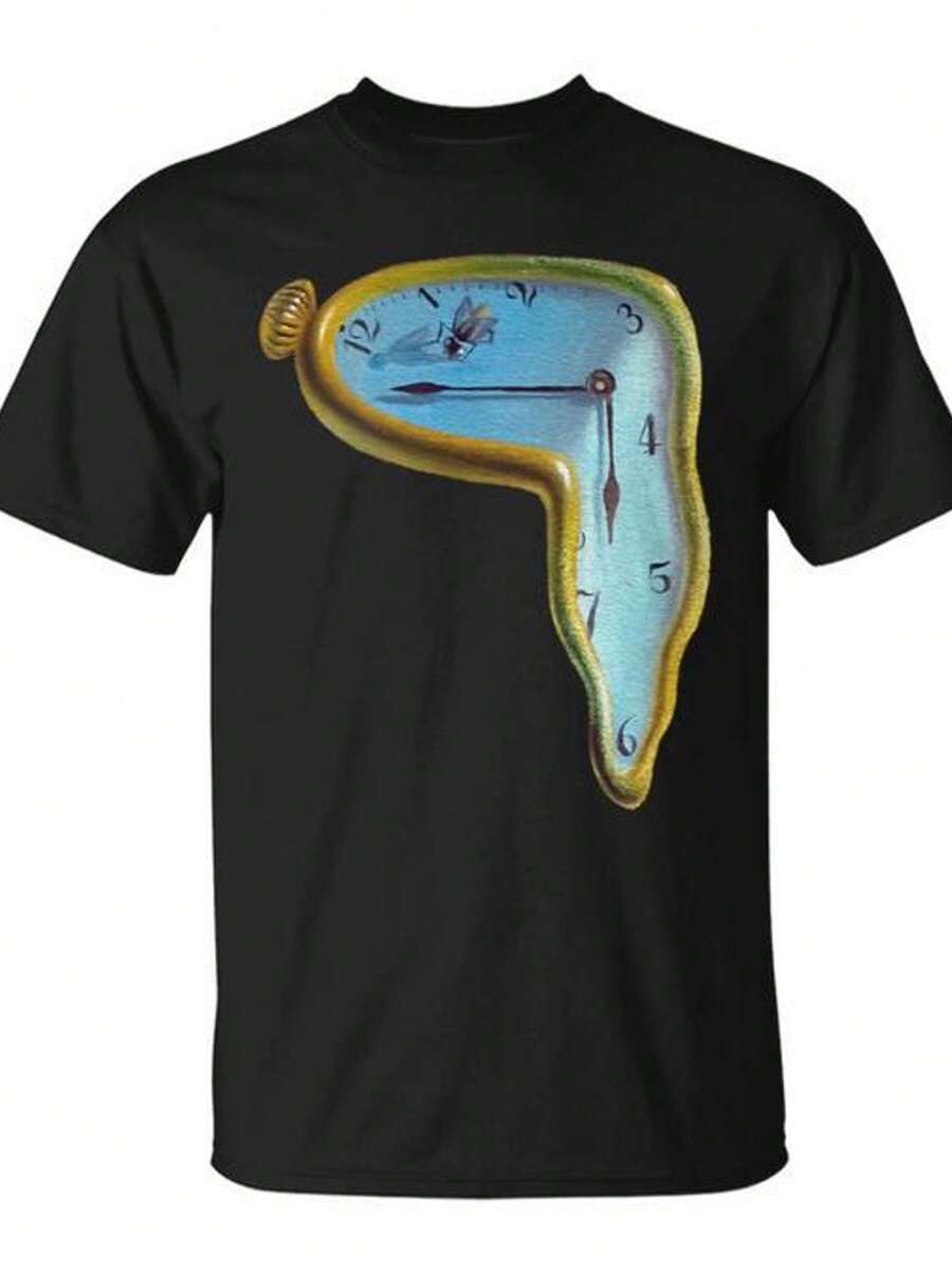 Camiseta Dali Melting Clock - Camiseta Casual de Manga Corta para Hombre con Diseño Geométrico Único - Corte Estándar, Cuello Redondo - Adecuada para el ocio diario y salidas de fin de seman - Negro - Ver 1