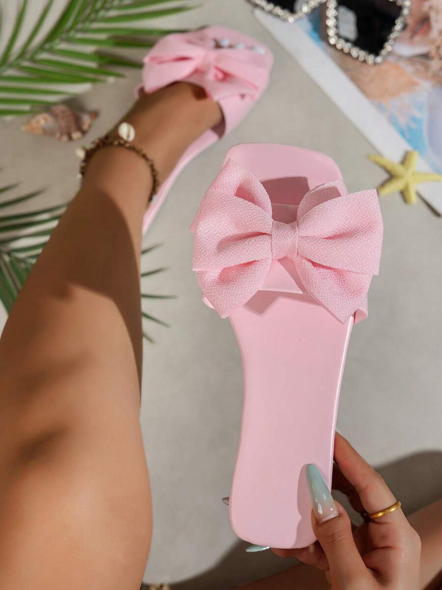 女款平底涼鞋 夏季新款蝴蝶結裝飾 舒適極簡主義 海灘海邊休閒度假居家 百搭輕量軟底 大尺碼露趾拖鞋 - 粉色 - 查看 1