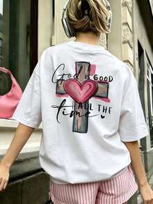 Women's Pink T-Shirt With A Cross And Heart Graphic, "God Is Always Good", Short Sleeves, Round Neck, Soft, Comfortable, Loose Casual Fit. Ideal For Church And Everyday Summer Wear. - 白色 - 查看 1