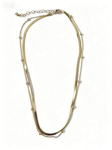 Collier à chevrons doré superposé, collier ras-du-cou à double chaîne avec perles, bijoux plaqués or 14K - Doré - Voir 2
