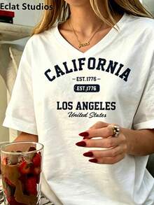 Women's Vintage California Los Angeles Graphic T-Shirt - Casual Round Neck, Short Sleeve, Cotton, Machine Washable, EST 1776 Print2025 - 白色3 - 查看 4