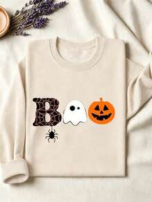 Halloween Print Pattern Crew Neck Sweatshirt, Plus Size Women's Casual Autumn/Winter Long Sleeve Sweatshirt, Suitable For Winter Holiday Outfits, Beach Outfits, Vacation Outfits, Autumn Outfits, Halloween Outfits, Thanksgiving Outfits, Christmas Outfits, New Year Outfits. Suitable For Daily Wear, Going Out Tops, Outings, Holidays, Beach, Parties, Birthdays, Beach, Balls, School, Graduation, Luxury, Vacation, Commuting, Fitness, Weddings, New Year, Fashion, Winter Tops, Women's Autumn Outfits, Women's Holiday Wear - Apricot - View 3