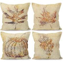 4PCS Vintage Autumn Pillow Covers, Retro Maple Leaf, Oak Leaf, And Pumpkin Print Cushion Covers, Perfect For Country-Style Autumn Home Living Room Sofa Decor (Inner Cushions Not Included) - Apricot - View 8