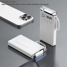 LADAPU 10000mAh 5W Slow Charging Multifunctional Power Bank With Flashlight, Ultra-Bright LED Camping Light, Rechargeable Portable Mobile Phone Charger, Built-In 4 Cables, USB-C Input & Output, Outdoor Travel Must Have Battery Packs,Give A Gift/Present.Travel, Going Out, Going To School, Going To Work And Going Out Are Necessary. - White-5W - 查看 2