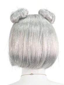 Silver Gray Glitter Bob Wig With Bangs And Space Buns, Futuristic Cyberpunk Style For Cosplay, Parties And Festivals - 查看 8