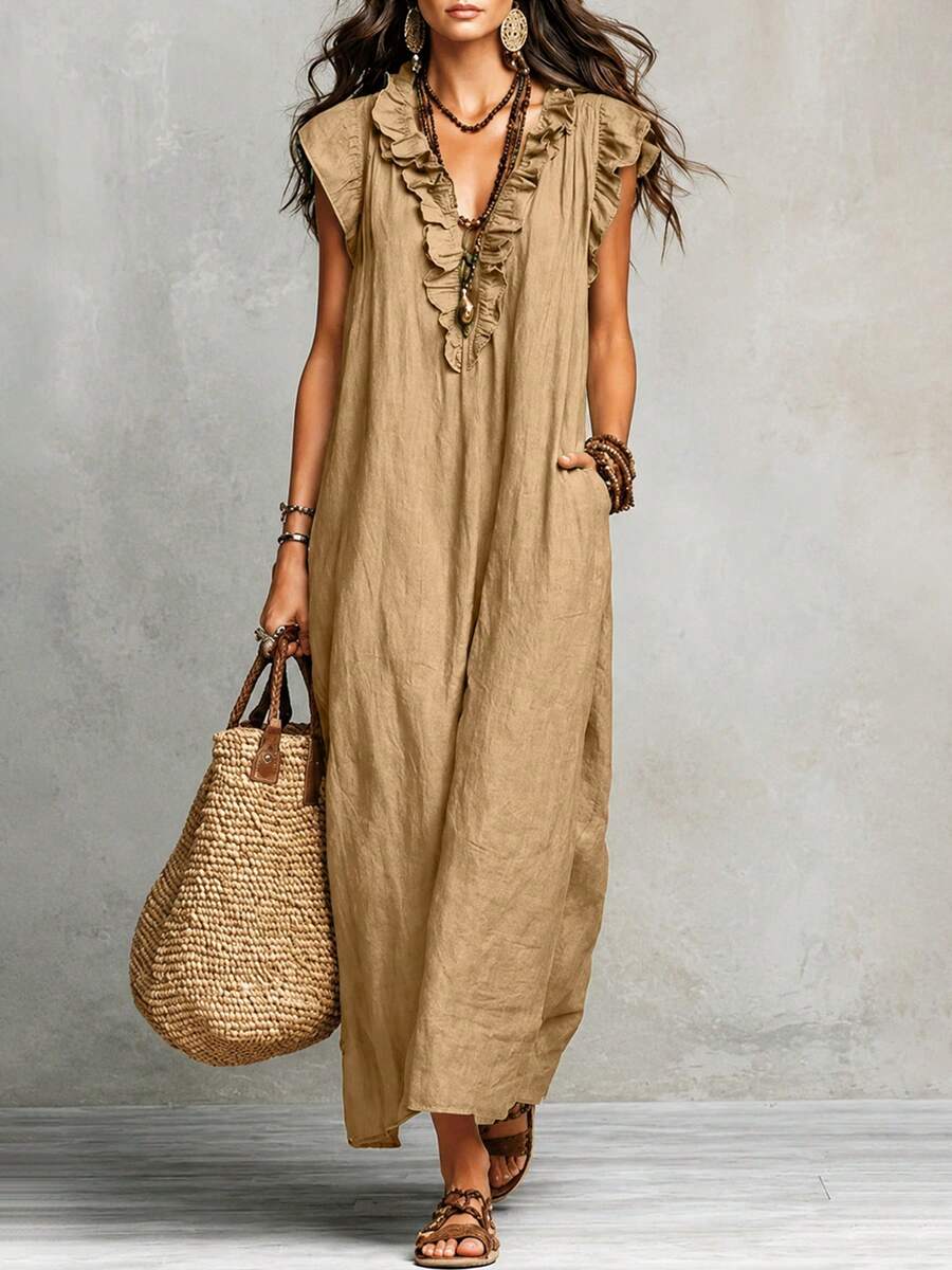 Vestido holgado de estilo vacacional con mezcla de algodón, volantes, cuello en V, manga larga y bolsillos - Caqui - Ver 1