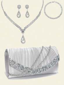 Fashionable Women's Bright Purple Evening Bag, Envelope Clutch With Chain For Party/Wedding With Elegant Jewelry Set Of Necklace, Earrings And Bracelet With Crystals - 銀色 - 查看 1