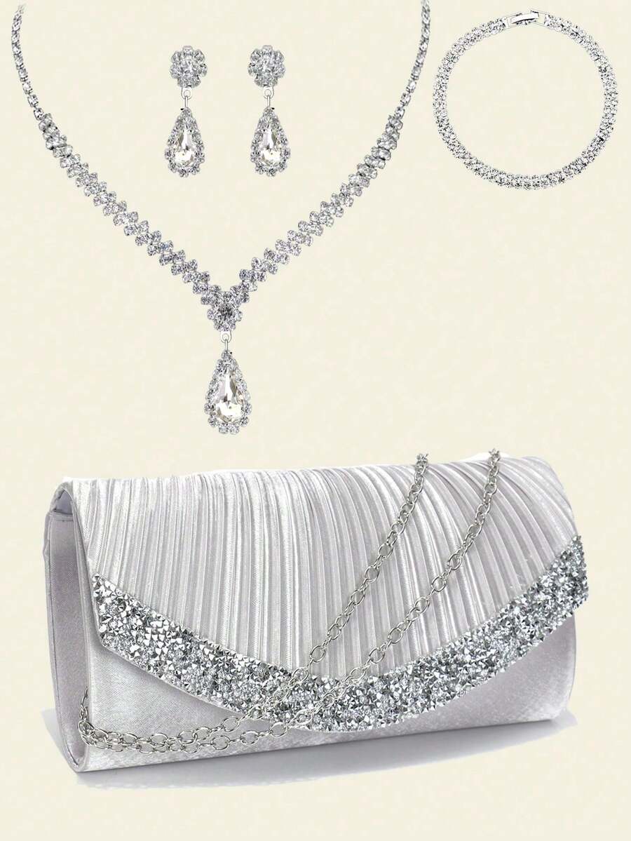 Fashionable Women's Bright Purple Evening Bag, Envelope Clutch With Chain For Party/Wedding With Elegant Jewelry Set Of Necklace, Earrings And Bracelet With Crystals - 銀色 - 查看 1