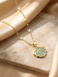 1pc Ocean Series Blue Crystal Decor Shell Heart Pendant Necklace, Suitable For Teens, Friends, Sisters, Summer Beach Party, Holiday Vacation, School Daily Casual, Jewelry Accessory, Birthday Gift, Back To School Season - Gold - View 5