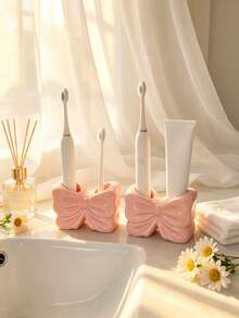1pc Cute Bow-Shaped Toothbrush Holder, White & Pink Toothpaste Storage Rack, Bathroom Storage Shelf, Vanity Countertop Organizer, Home Bathroom Decor Accessory - Multicolor - View 4