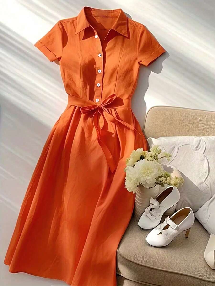 Vestido elegante y estilizador de algodón y lino con cuello polo - Naranja - Ver 1