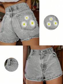 Teen GirlNon-Stretch Denim Shorts With Pockets And Embroidery, For Students - Light Grey - View 3