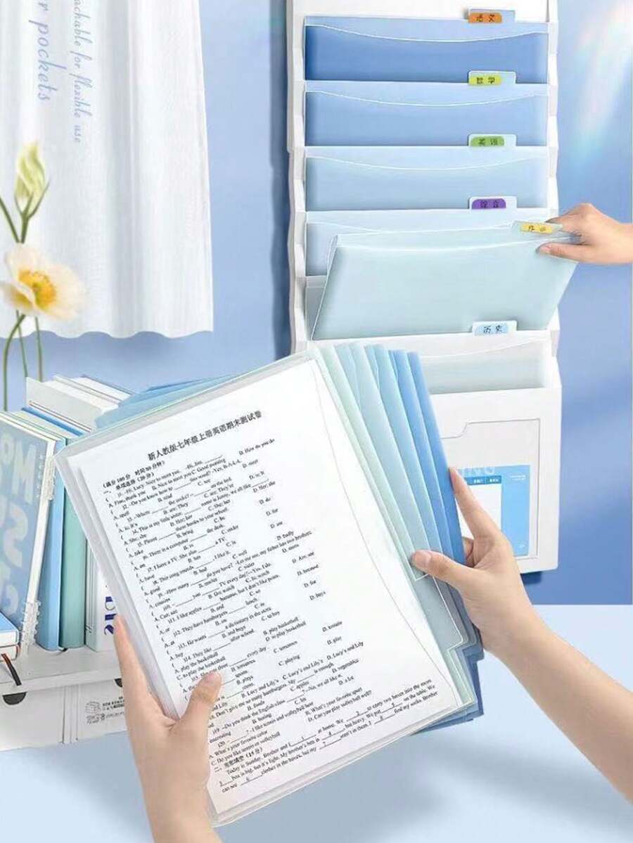 1pc A4 Folding File Folder, Wall-Mounted Document Storage Bag, 7-Layer Gradient Storage Bag, Large Capacity Document Organizer Wall Accordion Bag Hanging Subject Storage Bag Stationery, Suitable For School Textbooks, Office Organization, Space Organization, Portable Handle - A - View 1