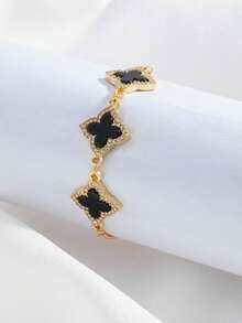 1 pieza Pulsera exquisita y versátil de trébol de cuatro hojas, con micro-incrustaciones de strass, diseño con cordón, ajustable, adecuada para uso diario - Unitalla - Ver 5