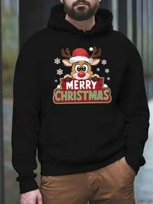 Sudadera de hombre con capucha con patrón de renos de navidad, casual 100% poliéster, manga larga, - Negro - Ver 1