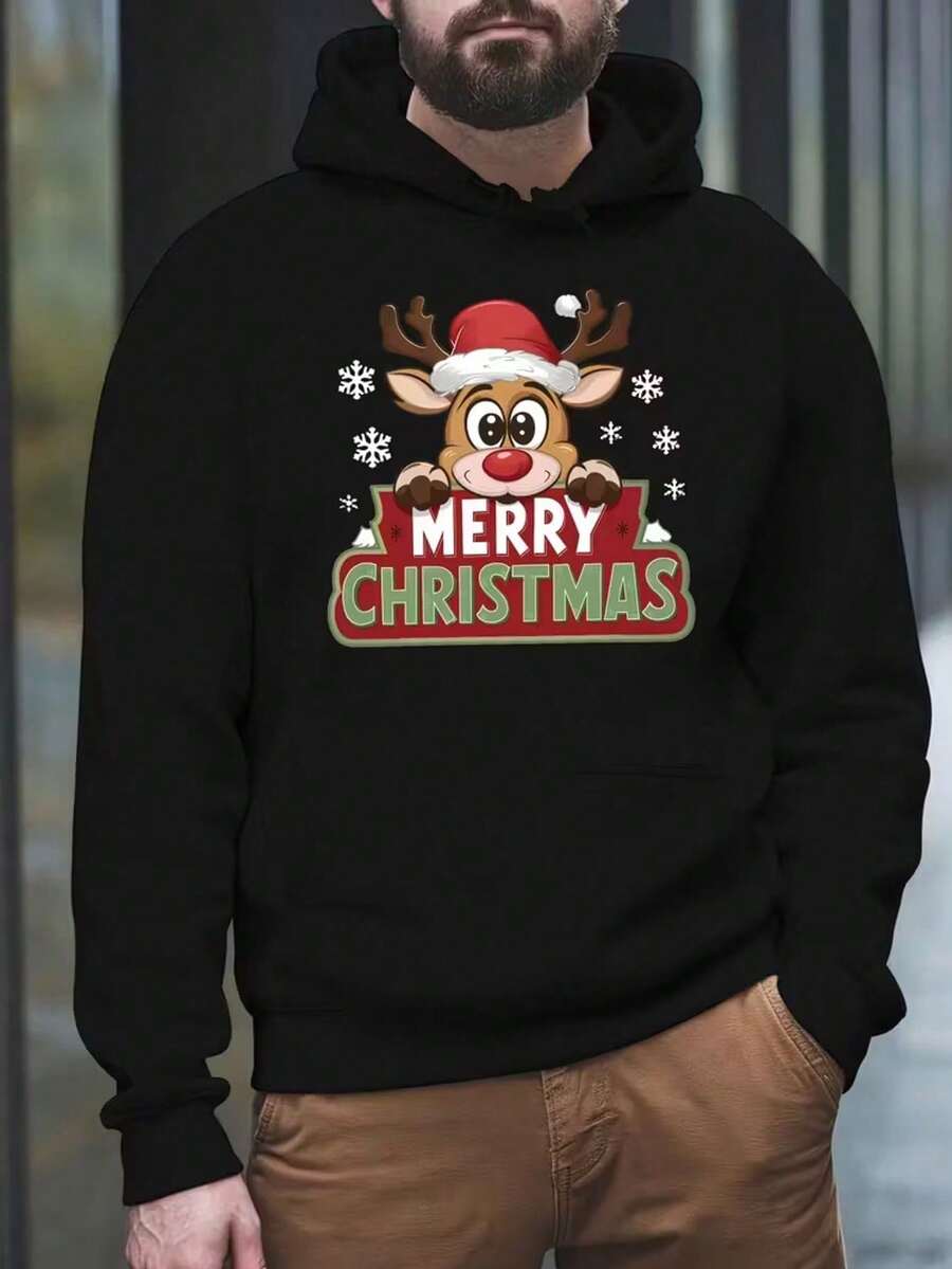 Sudadera de hombre con capucha con patrón de renos de navidad, casual 100% poliéster, manga larga, - Negro - Ver 1