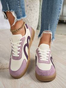 1 Pair Women's Multi-Function Spring/Autumn New Fashion Casual Shoes Flat Lace-Up Round Toe Rubber Sole Skate Shoes Black White Brown Leopard Khaki Colorblock Daily Wear Shoes Casual Shoes Size 36-42 Fashion Training Shoes All Season Wear - Purple - View 5