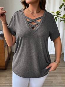 Plus Size - Plus Size - Casual Solid Color Crossover V-Neck Short Sleeve T-Shirt For Summer - Dark Grey - View 5
