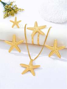 5pcs/Set European And American Fashion Summer Beach Starfish Pendant Necklace, Earrings, Bracelet, Ring Set For Women, Suitable For Beach Vacation Wear - Yellow Gold - View 3