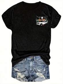 Women's Western-Style Letter Print Crew Neck T-Shirt, Casual Short-Sleeve Top, Women's Clothing. A0JO - 黑色 - 查看 3