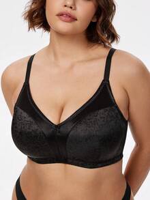 Wingslove Women's Full Coverage Wireless Slimming Bra, No Padding Comfortable Bra, Plus Size Floral Pattern - Black - View 2
