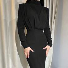 Vestido de manga larga de color sólido, elegante y a la moda, con cintura ajustada, para fiestas, eventos nocturnos y uso en casa, otoño 2026. - Negro - Ver 1