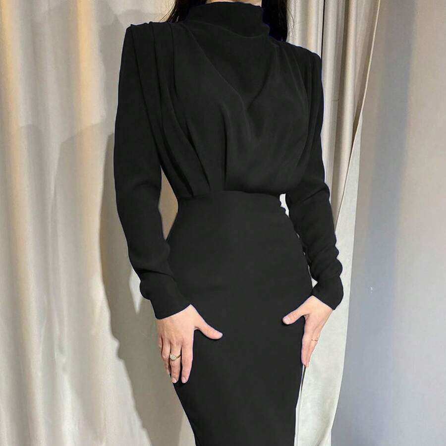 Vestido de manga larga de color sólido, elegante y a la moda, con cintura ajustada, para fiestas, eventos nocturnos y uso en casa, otoño 2026. - Negro - Ver 1