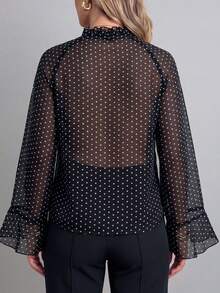 ANCHOSE Women's Summer Black With White Polka Dot V-Neck Ruffle Flared Sleeve Blouse (Inner Layer Not Included) Sheer Chiffon Lightweight Fabric Elegant French Style Suitable For Date Daily Outings - Black - View 2