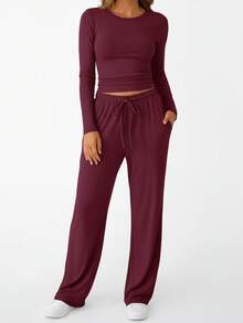 Conjunto de ropa de estar en casa de moda casual deportiva de yoga para mujer, estilo europeo & americano, color liso, cuello redondo, manga larga, otoño/invierno 2026 - Rojo - Ver 5