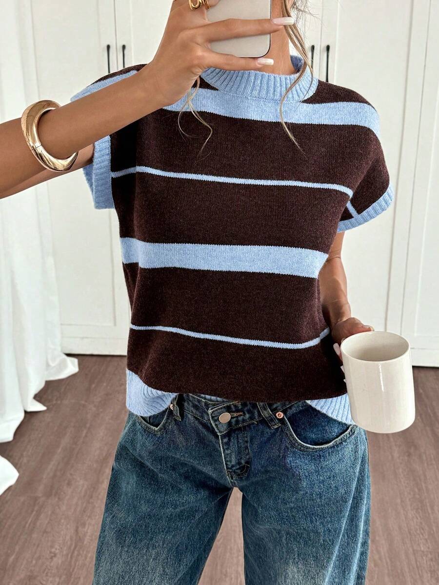 Women's Contrasting Color Striped Knit Blouse - Black - View 1