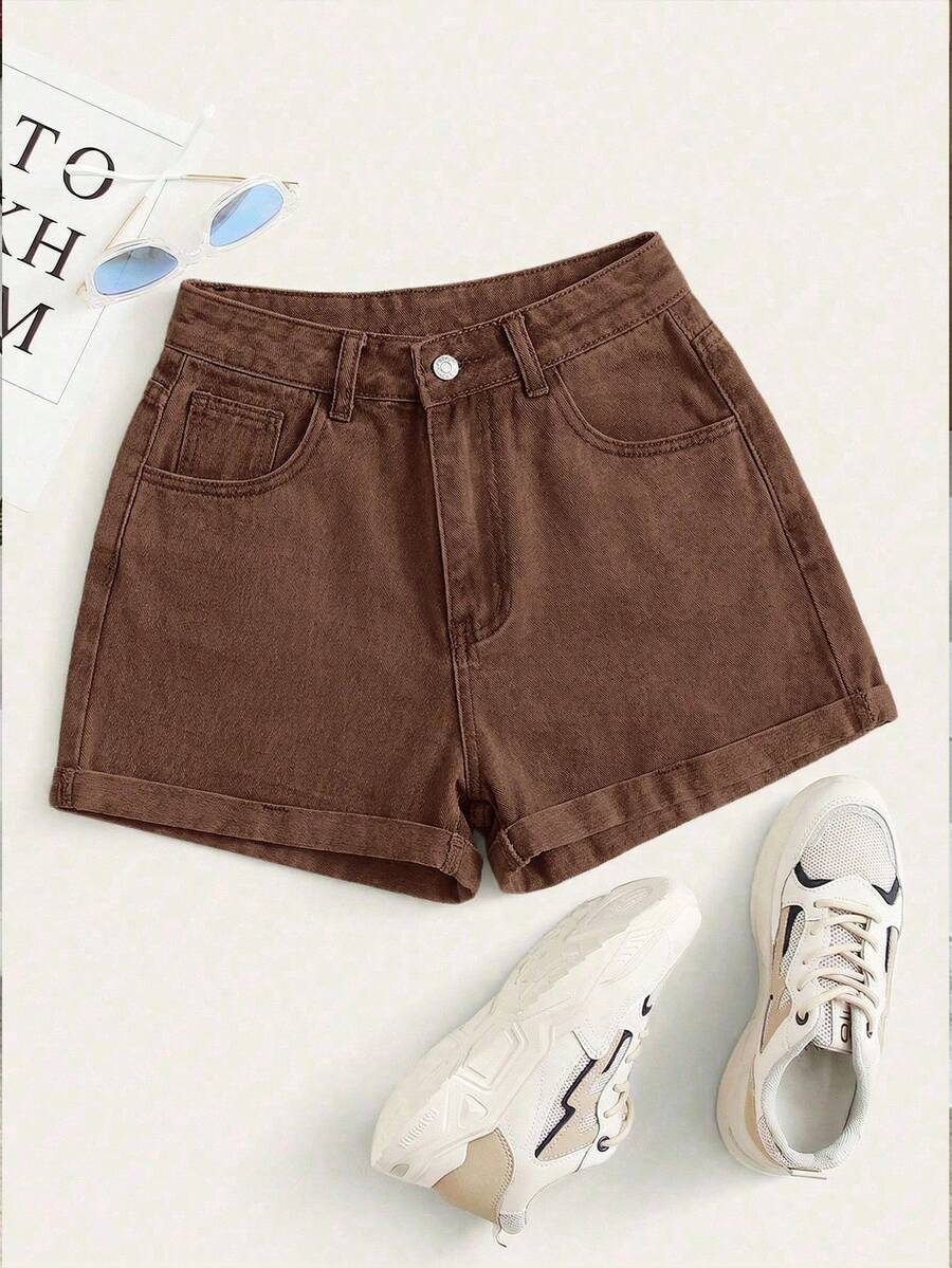 Summer Rolled-Up High-Waisted Denim Shorts - Green - View 1