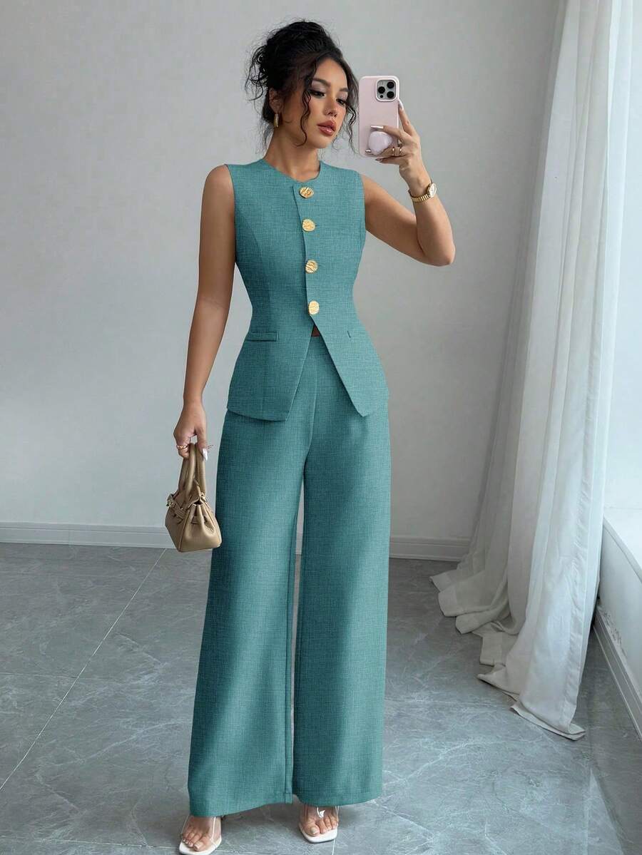 Women's Smart Casual/Office Suit With Floral Print Button Embellishment - Hijau 2 - View 1