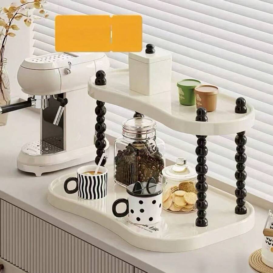 Cremeweißes doppellagiges Luxus-Stauraumregal, Acryl-/Kunststoffmaterial Ins-Stil Schreibtisch-Organizer, schwarz-weißes Perlendesign Kosmetik-Aufbewahrungsbox, Schminktisch-Parfüm- und Hautpflege-Organizer-Tablett, Wohnheim-Schreibtisch-Schreibwaren- und Sonstiges-Aufbewahrungs-Organizer, Schlafzimmer-Nachttisch-Haaraccessoires- und Lippenstift-Aufbewahrungs-Tablett - Verschiedenfarbig - Übersicht 1