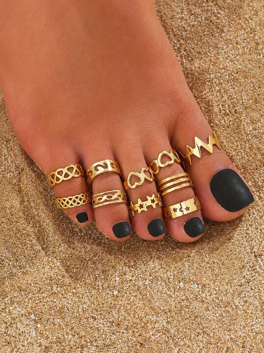 10pcs Adjustable Toe Ring Set, Including Snake, Star, Moon, Heart And Other Various Shapes, Suitable For Women's Summer Beach Toe Ring Accessories - Gold - View 1