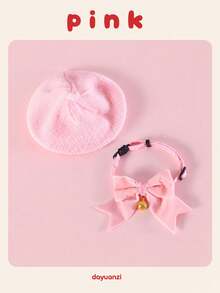 Knitted Beret + Velvet Bow Collar Set, Universal For Cats And Dogs, Photo Prop Accessory - Multicolor - View 11