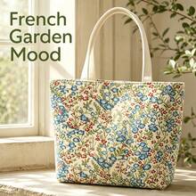 Vintage Blue Red Flower Print Canvas Handbag Casual Daily Shopping Beach Bag - View 3