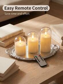 3 piezas de velas acrílicas transparentes sin llama, operadas por batería con control remoto y temporizador, velas de pilar LED realistas, llama parpadeante, brillo blanco puro, efecto de desvanecimiento, adecuadas para decoración del hogar y bodas - Blanco - Ver 9