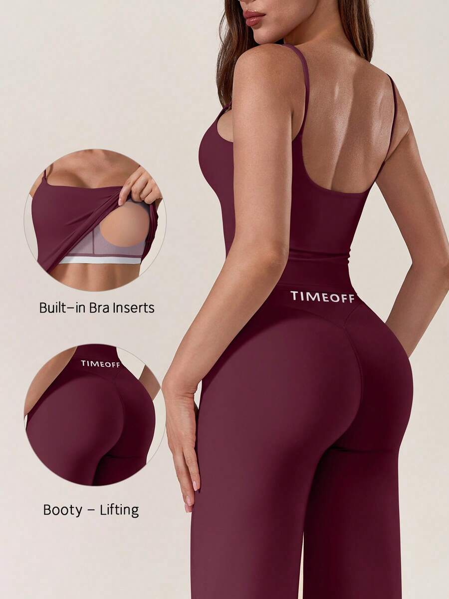 TimeOff Conjunto deportivo de mujer de un solo color con top de tirantes finos con relleno desmontable y pantalones rectos con caída