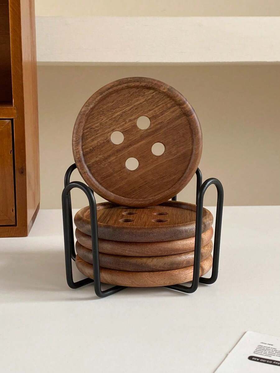 2026 Set Of 6 Colorful Wooden Coasters With Iron Stand, Home Decor Restaurant Cafe Gift For Friends - Wood Color - View 1